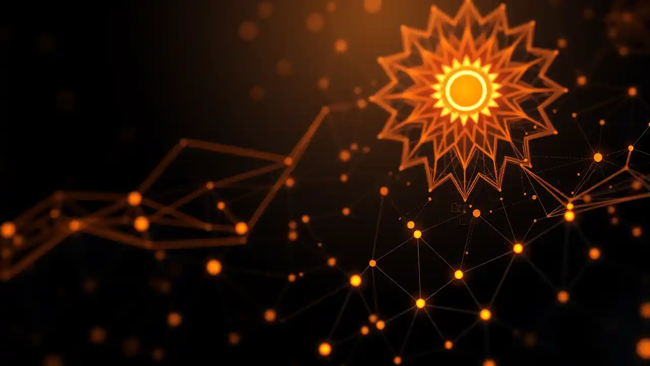 Abstract tech art with XRP icon, blockchain finance, subtle Indian hues.