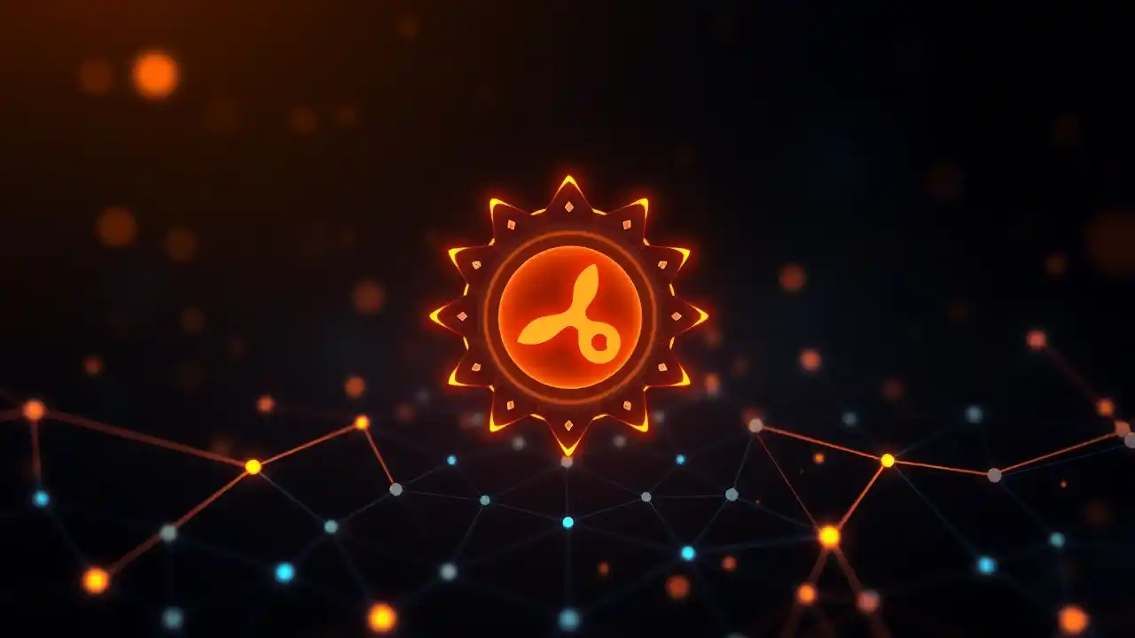 Abstract blockchain technology, lightning icon, and Indian-inspired patterns for digital finance.