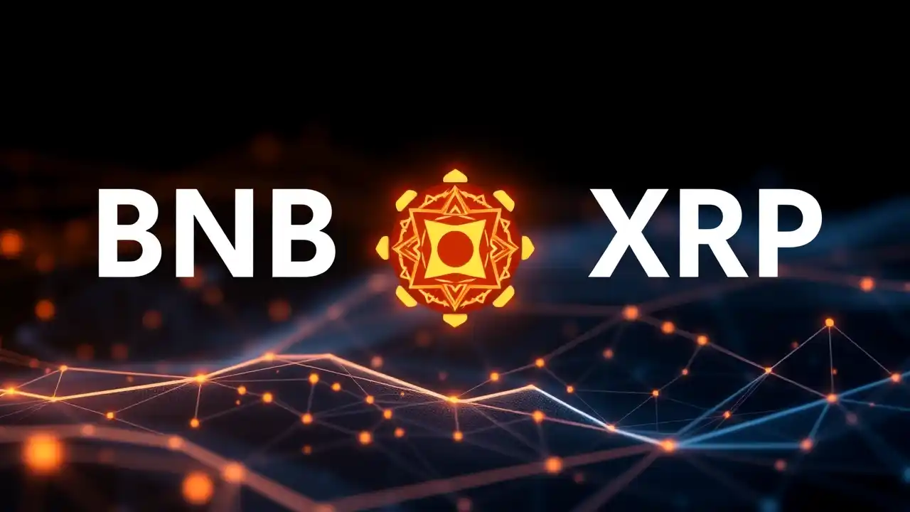 Dynamic blockchain art with a crypto icon, Indian colors, for BNB vs XRP.