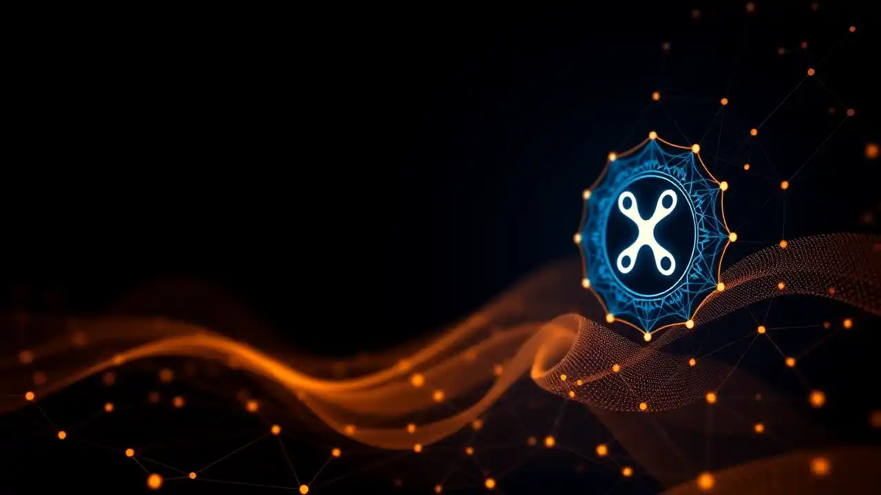 Digital finance graphic with XRP icon, blockchain tech, and subtle Indian-inspired patterns.