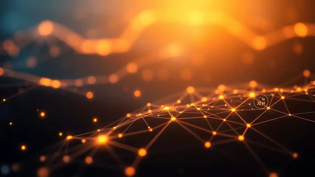 Abstract XRP icon amidst blockchain tech, digital finance, and subtle Indian-inspired colors.