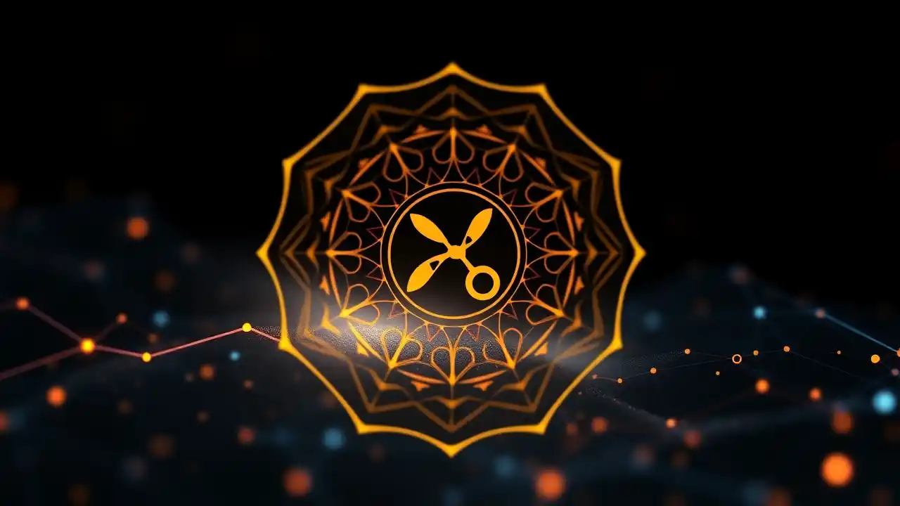 Abstract tech, blockchain, digital finance with Indian patterns and Coinbase XRP icon.