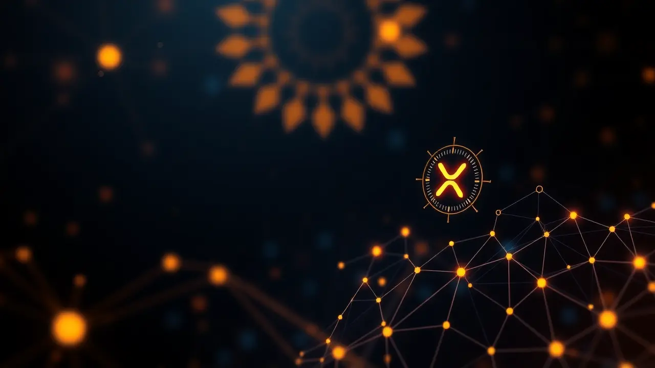 Futuristic blockchain and digital finance with abstract XRP icon, infused with Indian design.