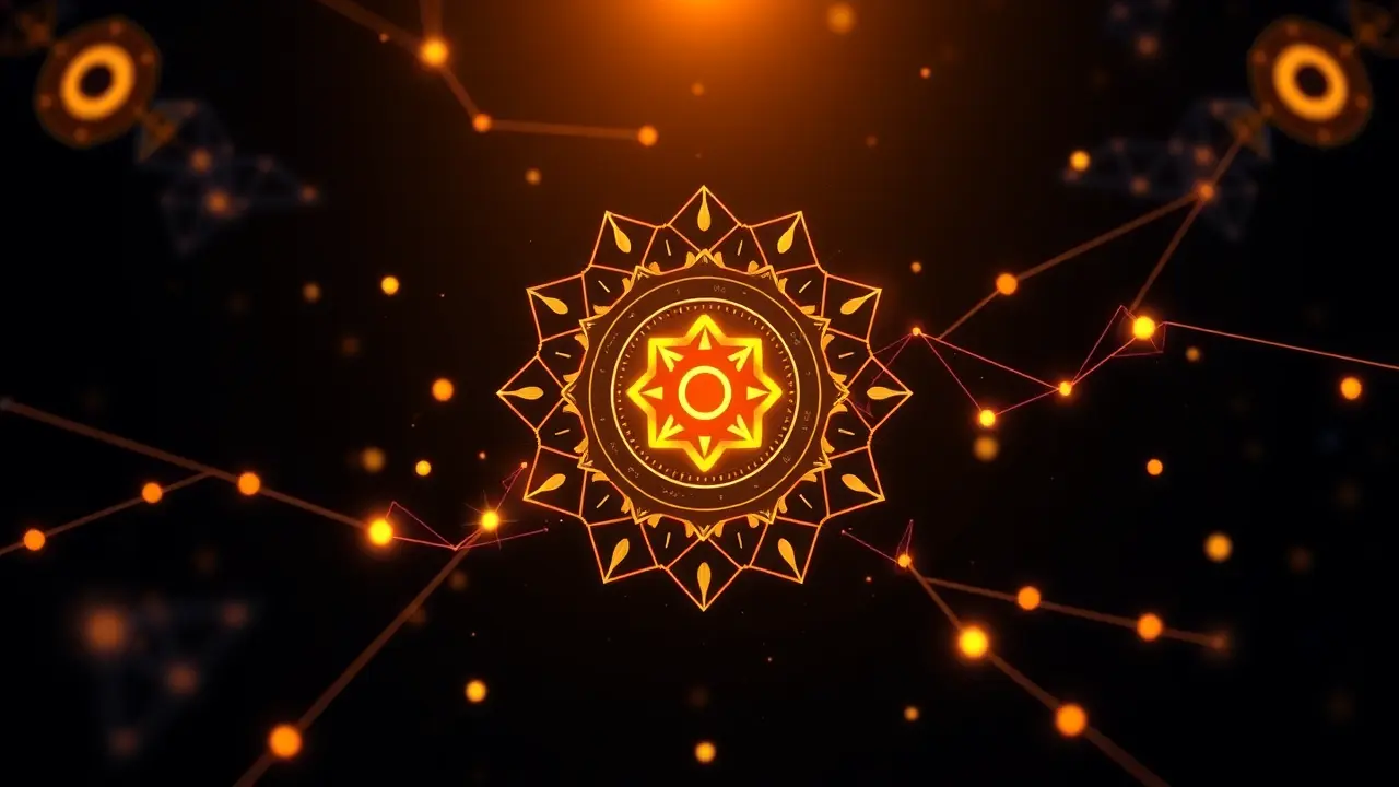 Abstract digital finance and blockchain image for MAG vs XRP, with Indian patterns and MAG icon.