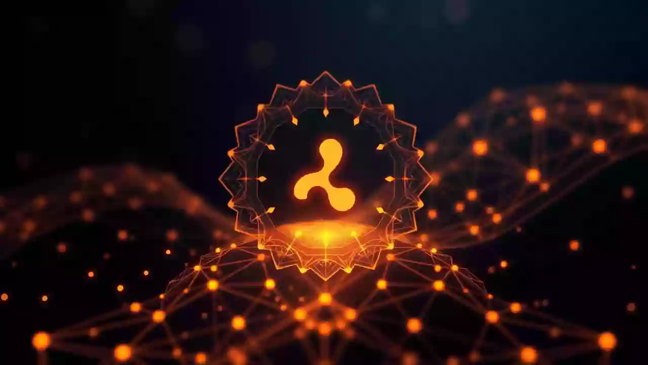 Abstract XRP icon, blockchain tech, Indian hues. Represents secure digital finance and paper wallets.