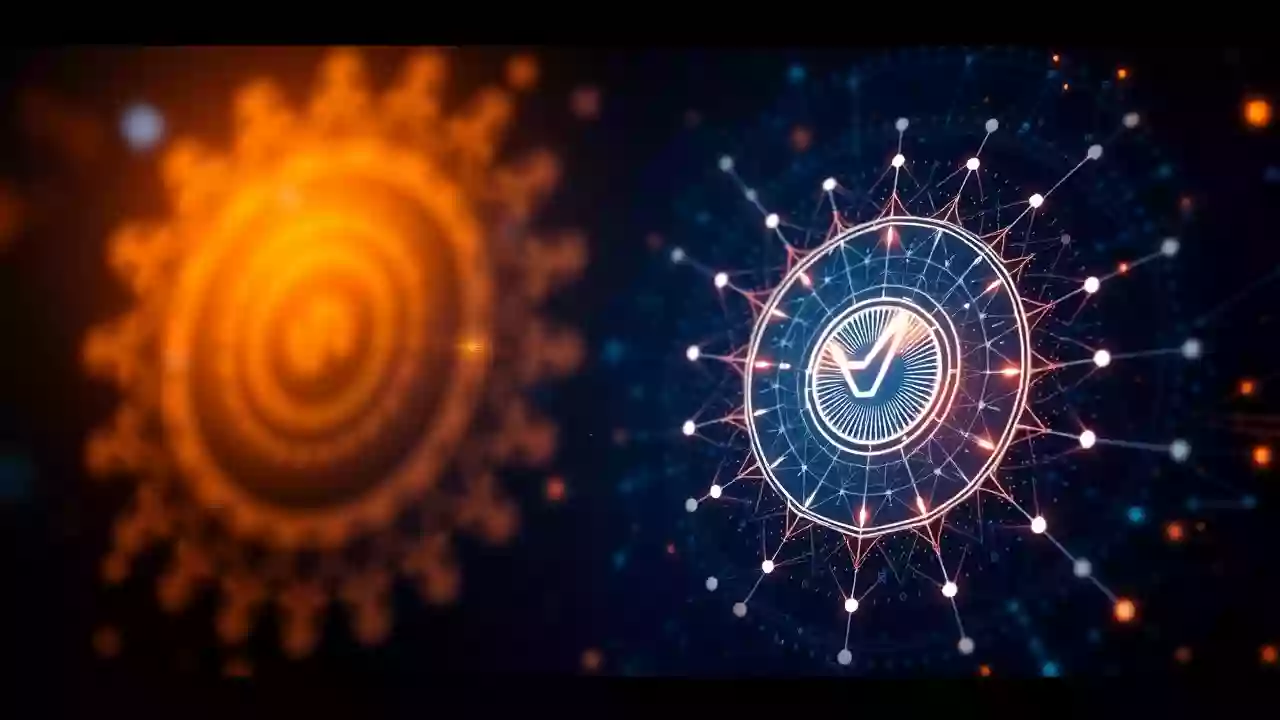 Abstract blockchain tech and digital finance art, with Indian accents and an abstract crypto icon.