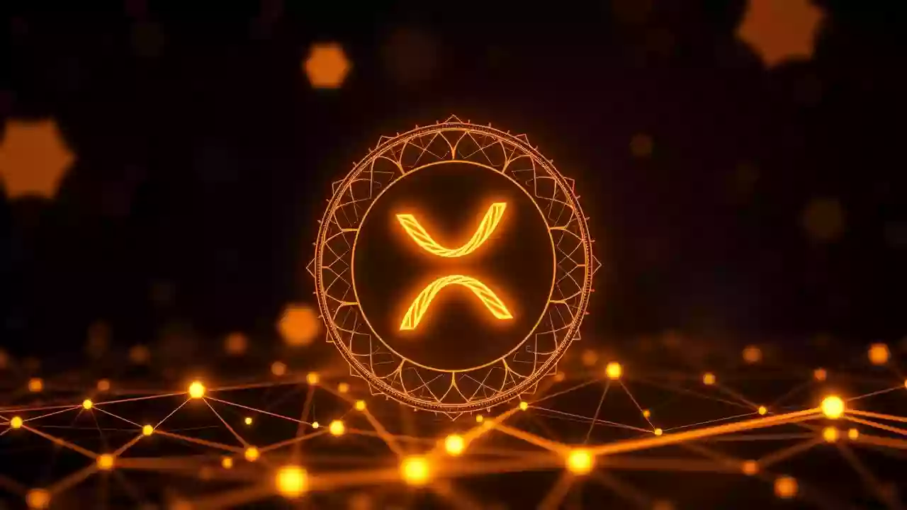Abstract  icon for XRP blockchain finance, on a tech background with Indian patterns.