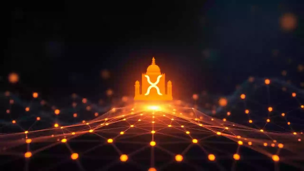 Abstract XRP icon, blockchain technology, digital finance, and subtle Indian-inspired patterns.