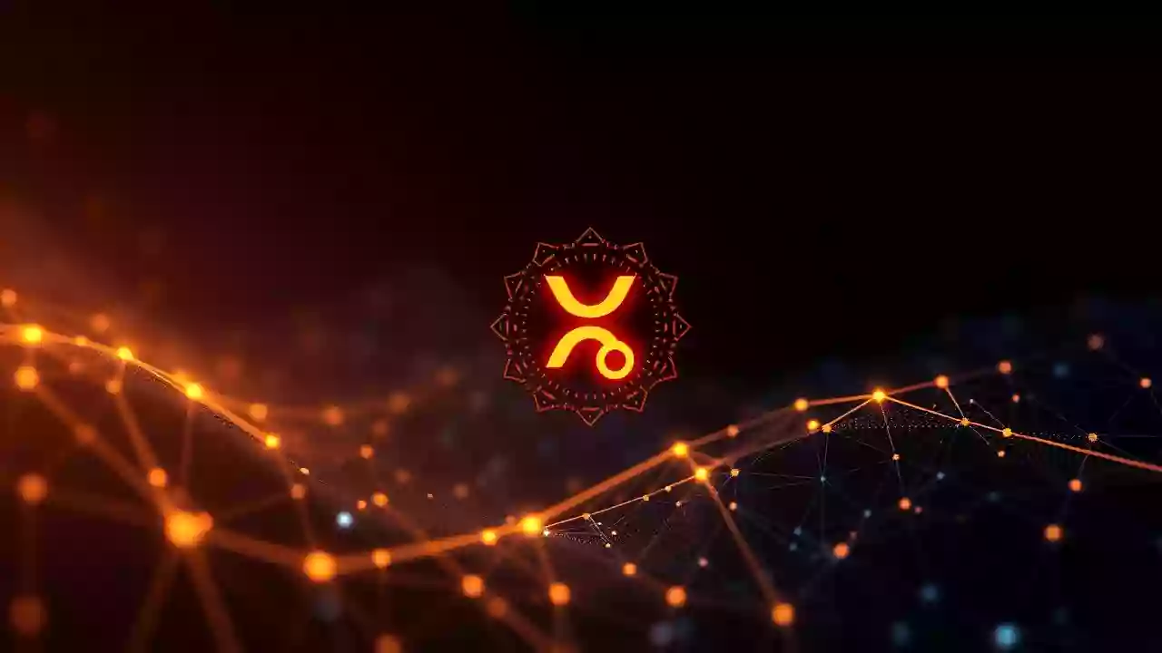 Digital finance and blockchain technology, with an abstract symbol and Indian-inspired design.