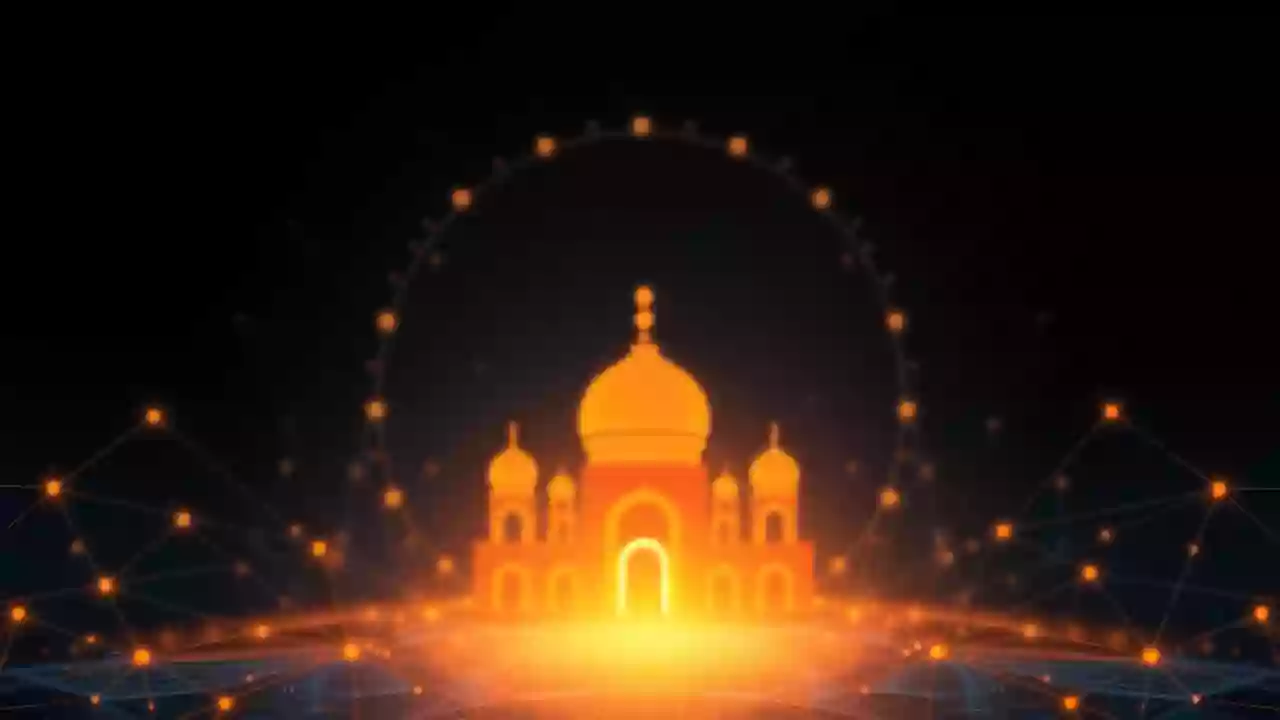 XRP icon amidst digital finance tech, blockchain, and Indian-inspired abstract patterns.