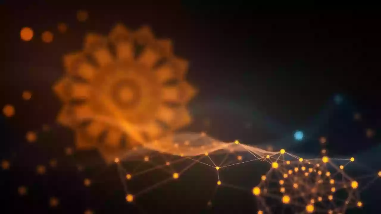 Abstract XRP icon amidst blockchain tech and Indian-inspired digital finance.