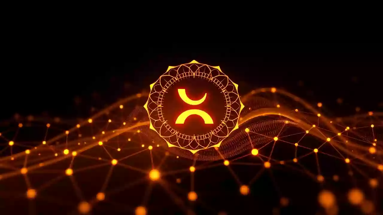 Futuristic blockchain and digital finance graphic with XRP icon and subtle Indian patterns.