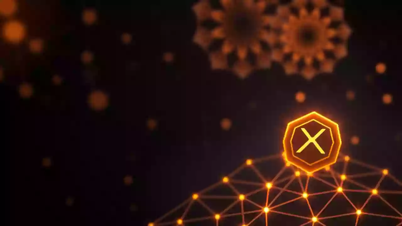 Abstract XRP smart contracts and blockchain tech, with vibrant digital finance and Indian patterns.