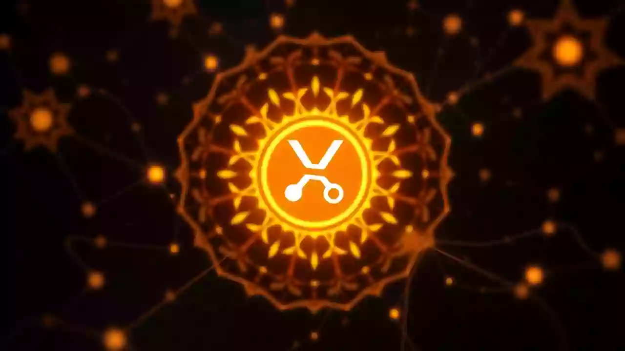 Abstract XRP symbol in a vibrant digital finance and blockchain landscape, Indian-inspired.