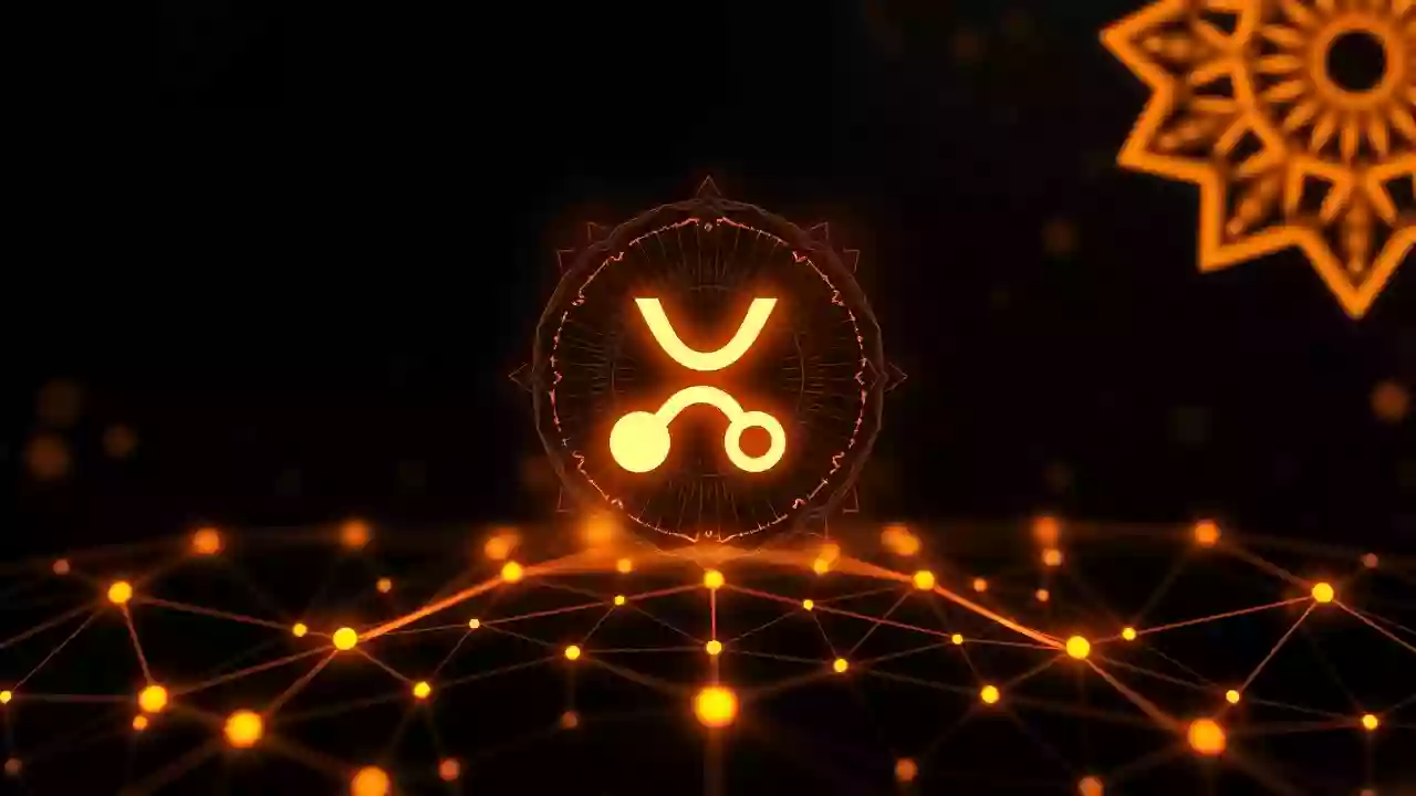 Futuristic digital finance: XRP icon, blockchain tech, real-time market insights with subtle Indian motifs.