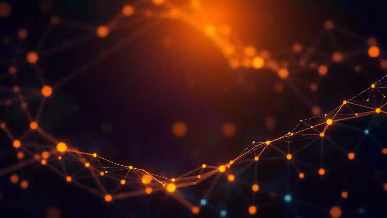 Abstract blockchain and digital finance with a tech icon and subtle Indian patterns.