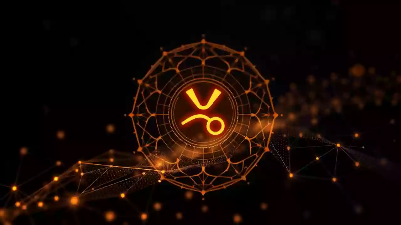 XRP icon, blockchain tech, digital finance, with subtle Indian hues and patterns.