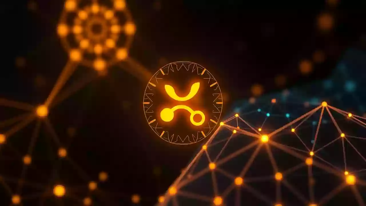Abstract XRP icon, blockchain network with Indian-inspired tech patterns, for mining pools.