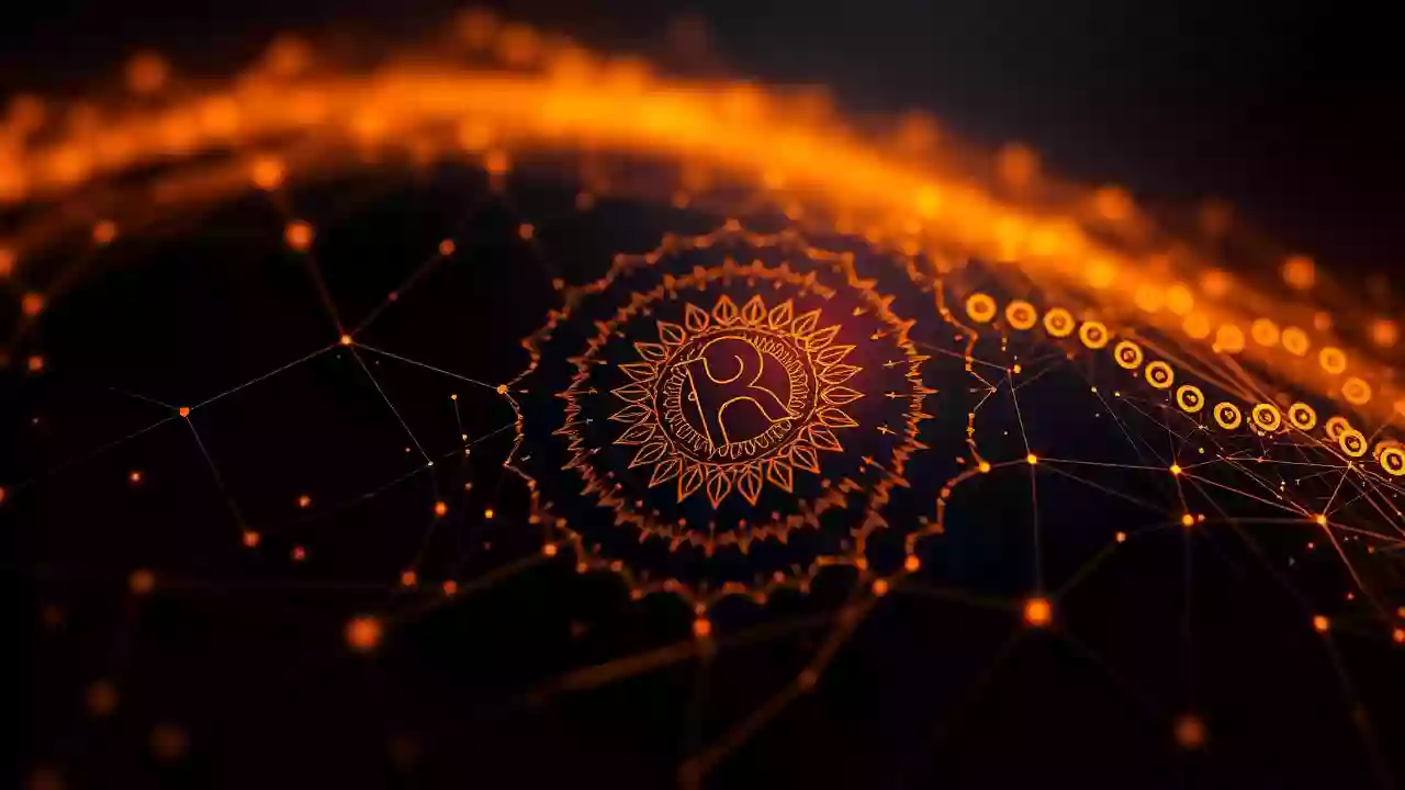 Indian-inspired tech art: abstract XRP icon, blockchain patterns, symbolizing digital finance.