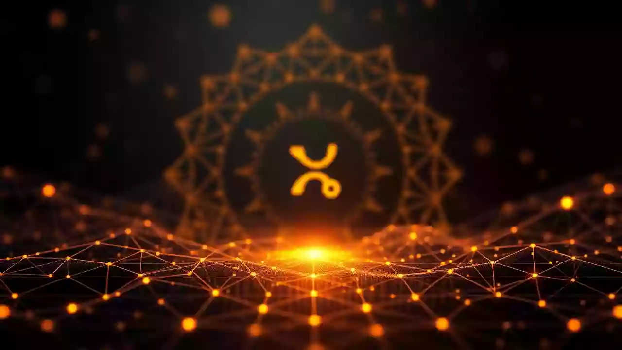 Abstract XRP icon, modern blockchain tech, and digital finance charts with subtle Indian-inspired patterns.