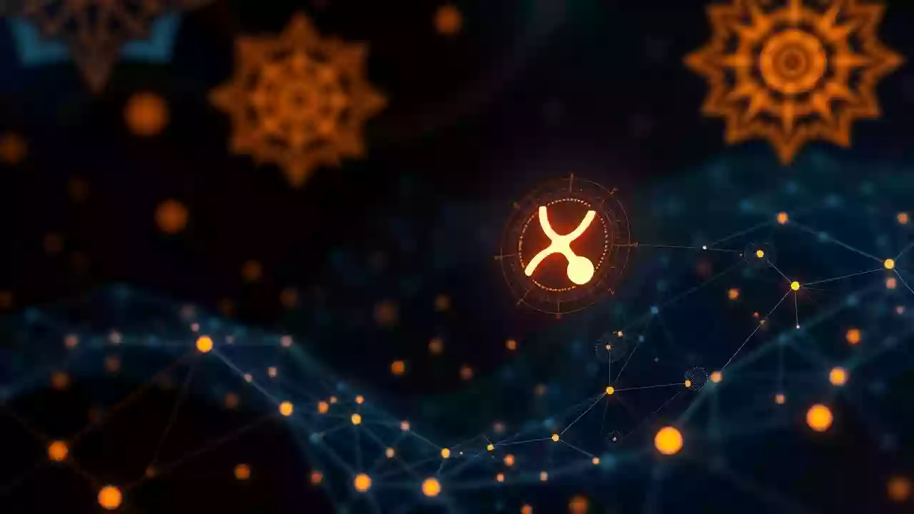 Abstract XRP icon with blockchain tech, digital finance, and subtle Indian patterns.