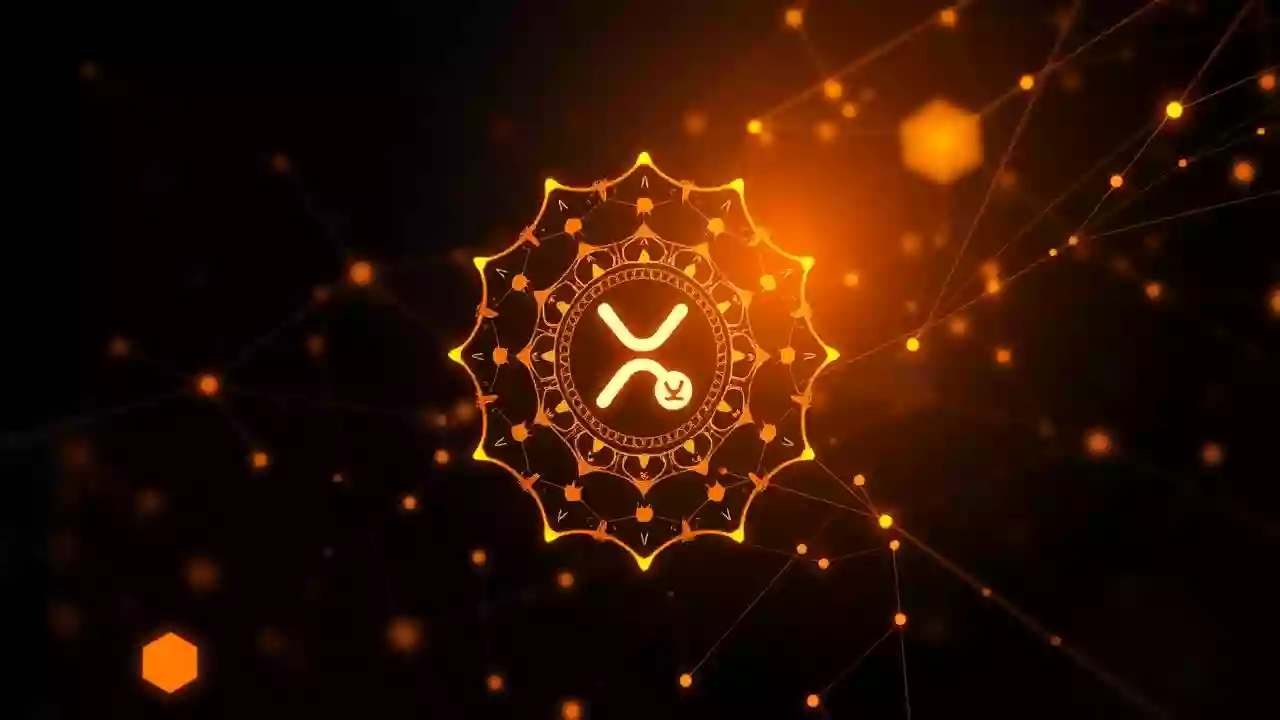 XRP symbol amidst blockchain tech, representing digital finance tools with subtle Indian aesthetics.
