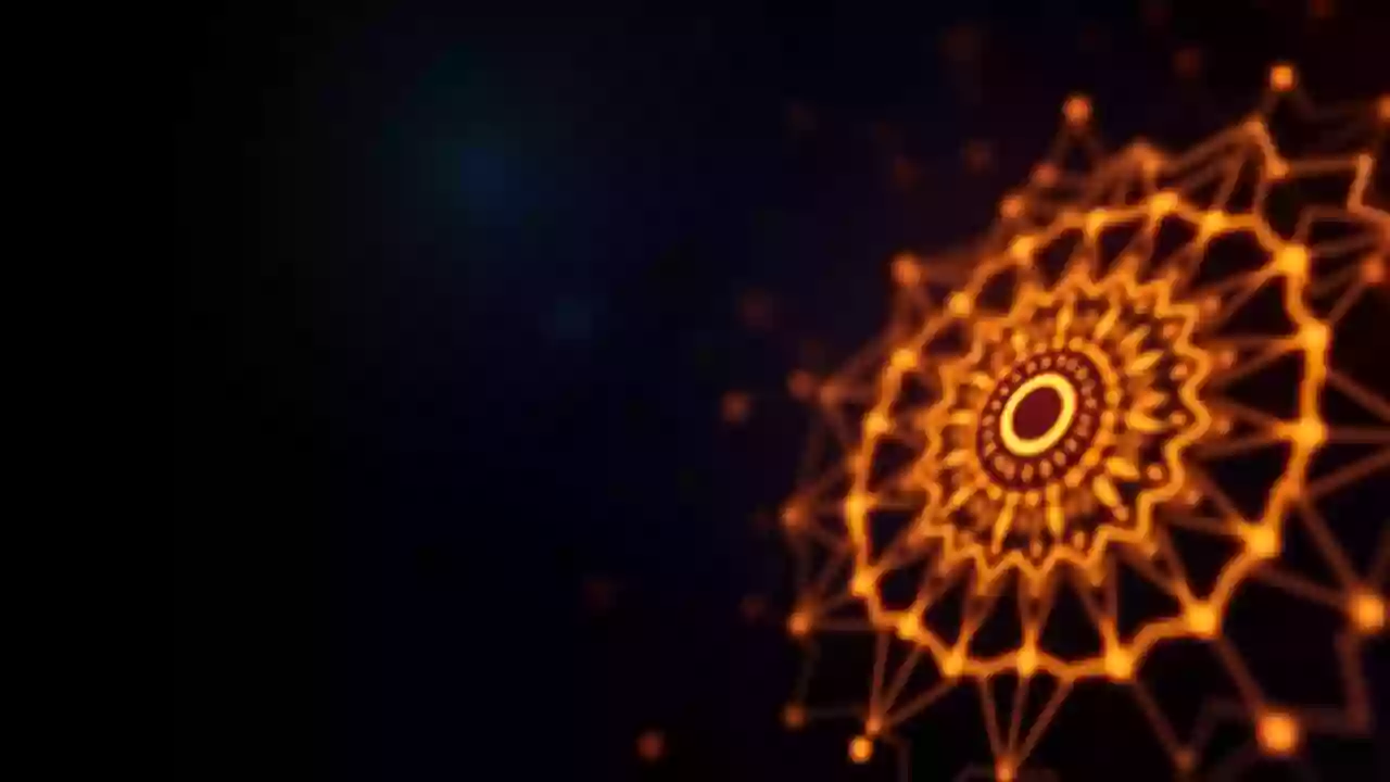 Abstract XRP icon on a technological blockchain with Indian patterns, symbolizing real-time digital finance.