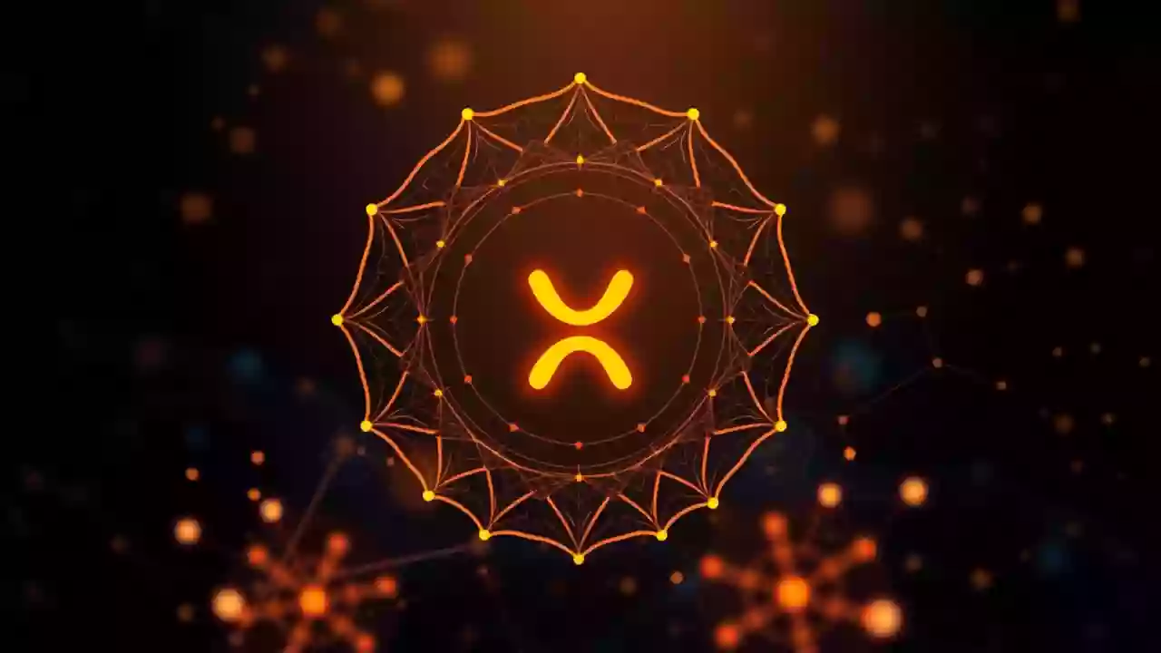 XRP icon within an abstract blockchain network representing digital finance, with subtle Indian patterns.