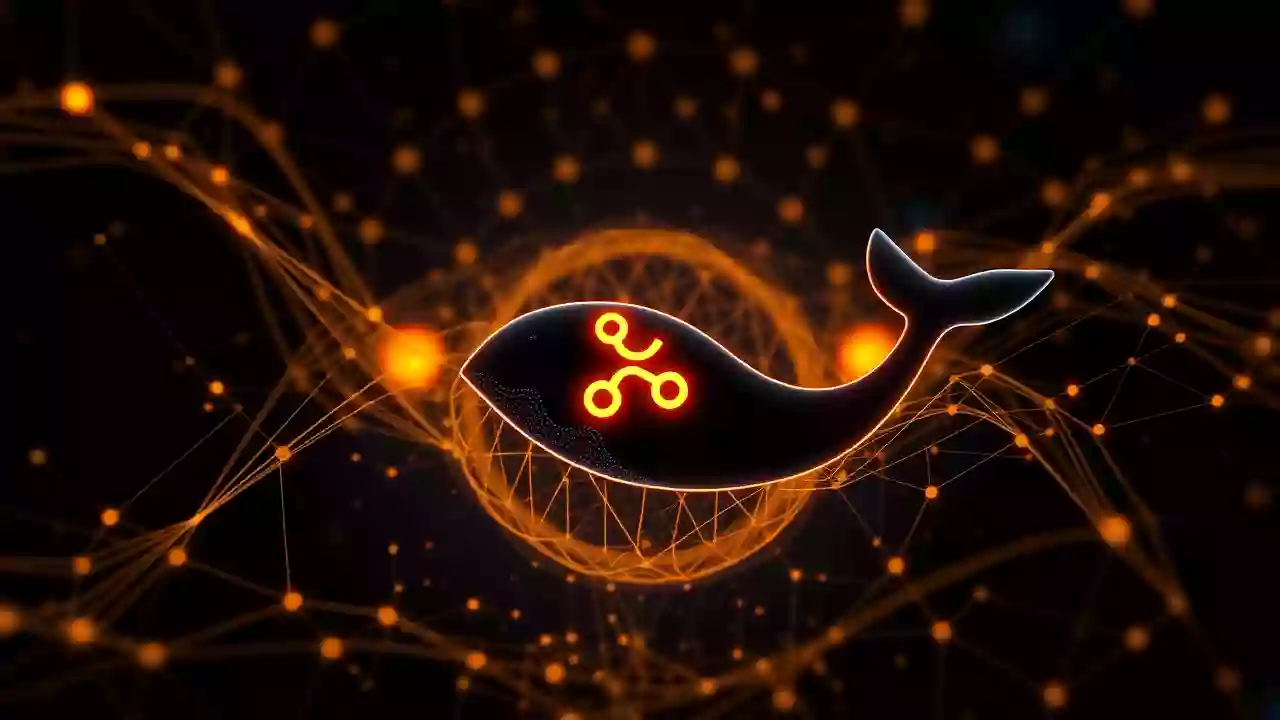 Abstract XRP icon, digital blockchain network, subtle Indian patterns, signaling large whale movements.