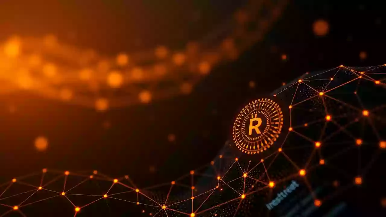 Blockchain and digital finance intersecting Wikipedia icon, representing XRP information. Subtle Indian patterns.